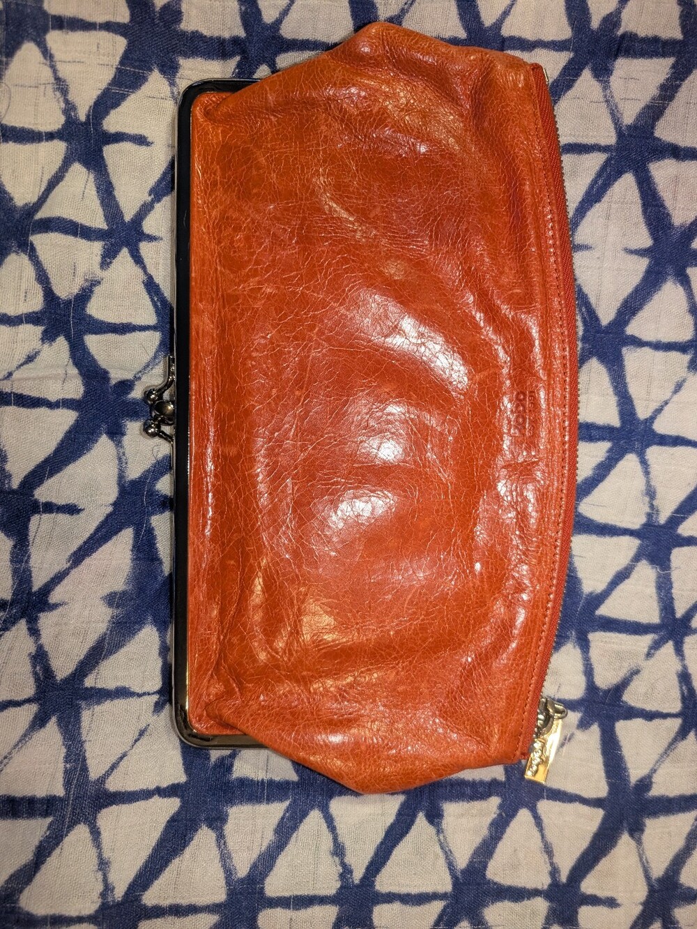 Hobo International Orange Leather Double Kiss Lock Bifold Wallet Clutch Purse
